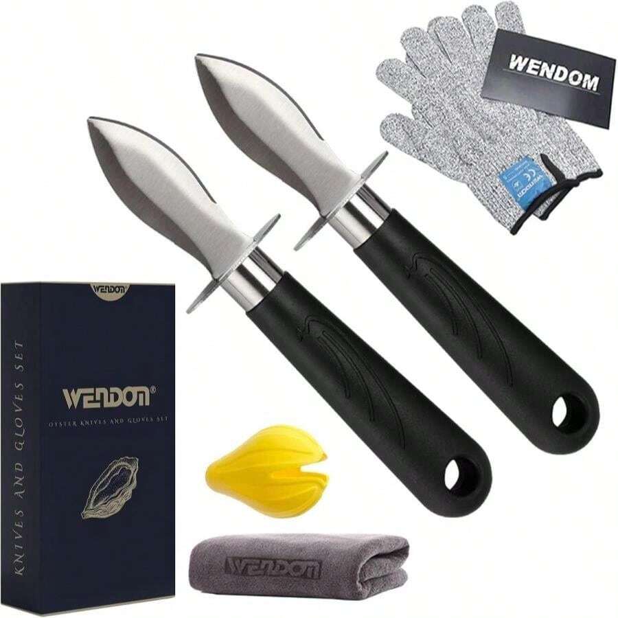WENDOM Oyster Knife Shucker Set Oyster Shucking Knife And Gloves Cut Resistant Level 5 Protection Seafood Opener Kit Tools Gift(2knifes+2Glove+1Cloth)
