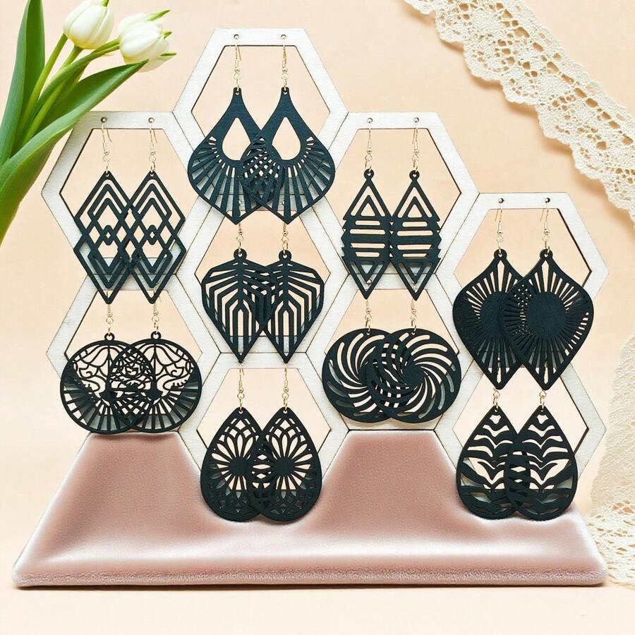 9 Pairs/Set Elegant Vintage Wooden Hollow Geometric Floral Pattern Earrings Set For Women
