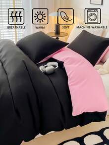 3 件双色拼布黑粉色羽绒被套套装(1 个羽绒被套 + 2 个枕套,无填充物),日常使用涤纶柔软亲肤,适用于主卧、客房、宿舍、返校季、送礼佳品,四季皆宜 - 彩色 - 查看 6