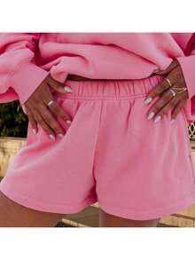 Women Athletic Shorts Loose Fit Solid Color Drawstring Sweatshorts For Yoga Running - 玫紅色 - 查看 5