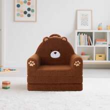 Kids Couch, 2-In-1 Convertible Soft Sherpa Fabric, Toddler Chairs Comfy 1-5 Years Old, Cartoon Animal & Crown Design, Toddler Furniture For Bedroom And Playroom, Bear, Medium - 棕熊三折 - 查看 4