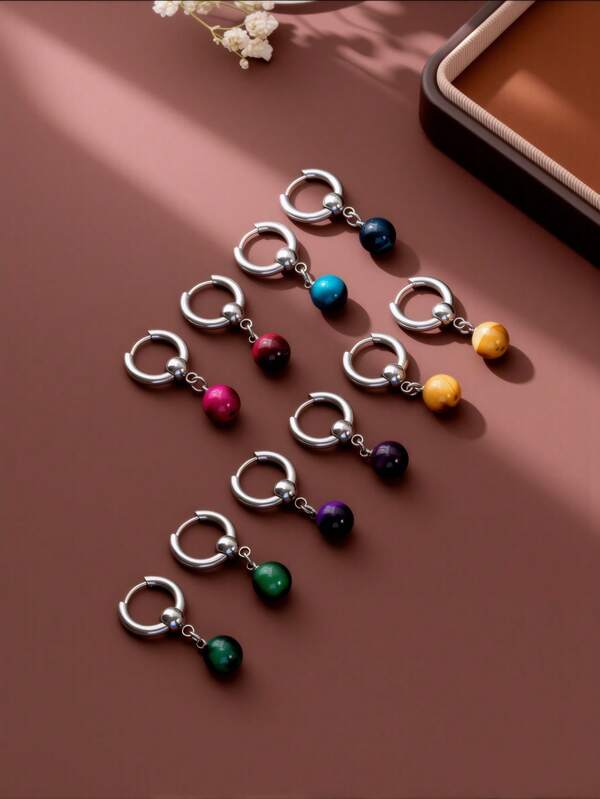 Tiger Eye Stone Beads Pendant & Stainless Steel Earrings Set, Suitable For Women