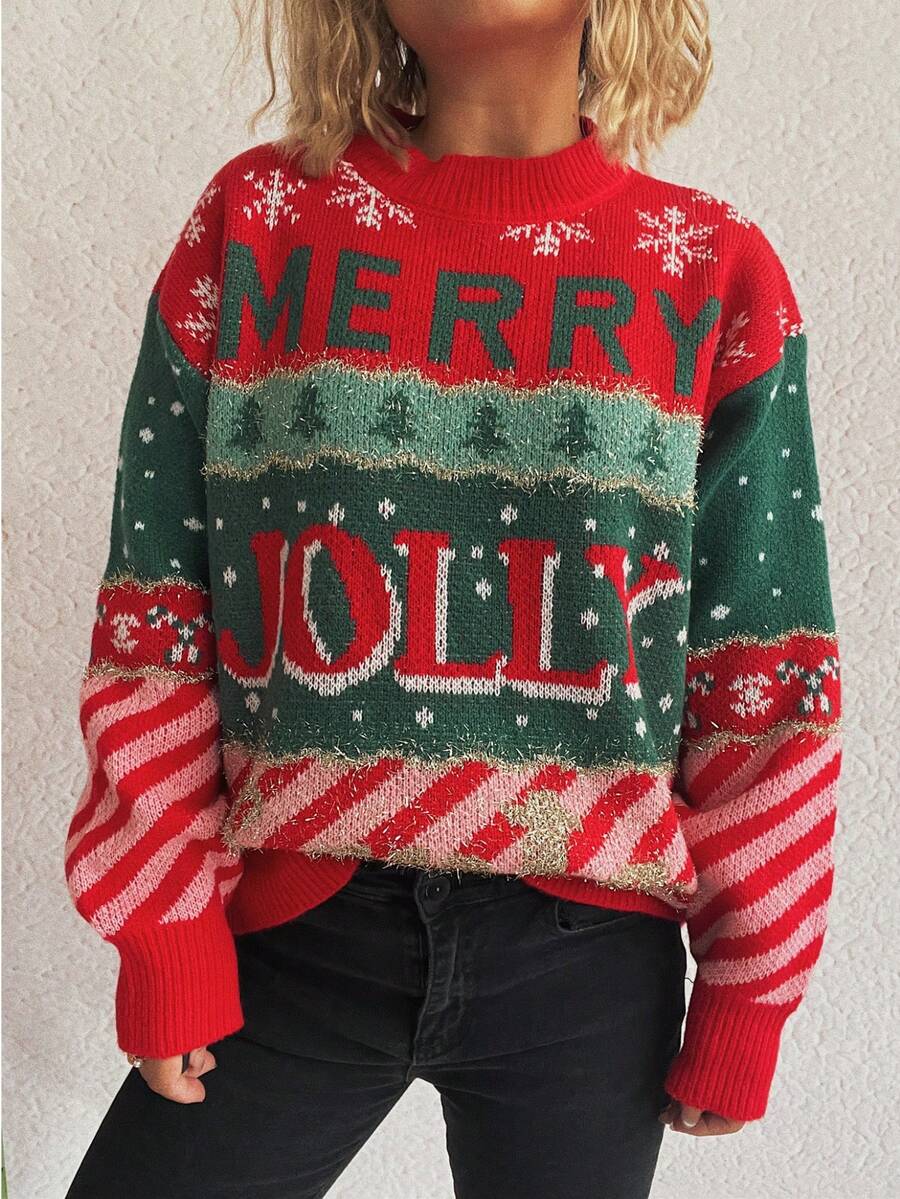 圣诞新款提花针织休闲宽松套头衫 - 紅色 - 查看 1