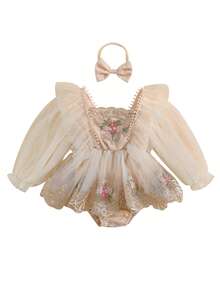 Infant Baby Girl Tutu Romper Dress With Headband Mesh Long Sleeve Floral Lace Embroidery Skirt Birthday Outfit - 米色 - 查看 3