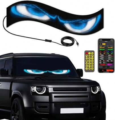 Decoraciones navideñas-Luz LED de ojo para parabrisas de coche 1/2 juegos, 9,2 * 37,4 cm, ojos led para auto, panel de pantalla LED flexible, luz de ojo de diablo de parabrisas de camión con control remoto Bluetooth
