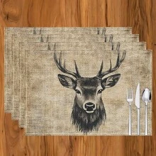 1pc/4pcs/6pcs Deer Head Printed Linen Placemats, Suitable For Dining Table, All Season Decor, Modern Washable Table Mats, Room Decor, Coasters, Kitchen Dining Mats, Indoor Outdoor Party Decoration, Home Decor, Ideal Gift - Multicolor - View 13