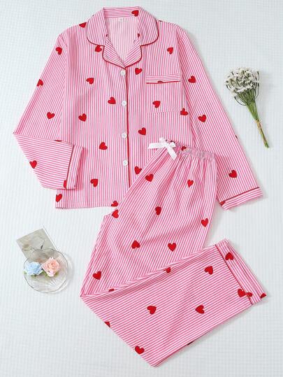 2pcs Women Striped & Heart Print Pajama Set, Long Sleeve Button Collar Top And Pants, Casual Sleepwear Homewear Suit For Autumn/Winter, Fall Clothes