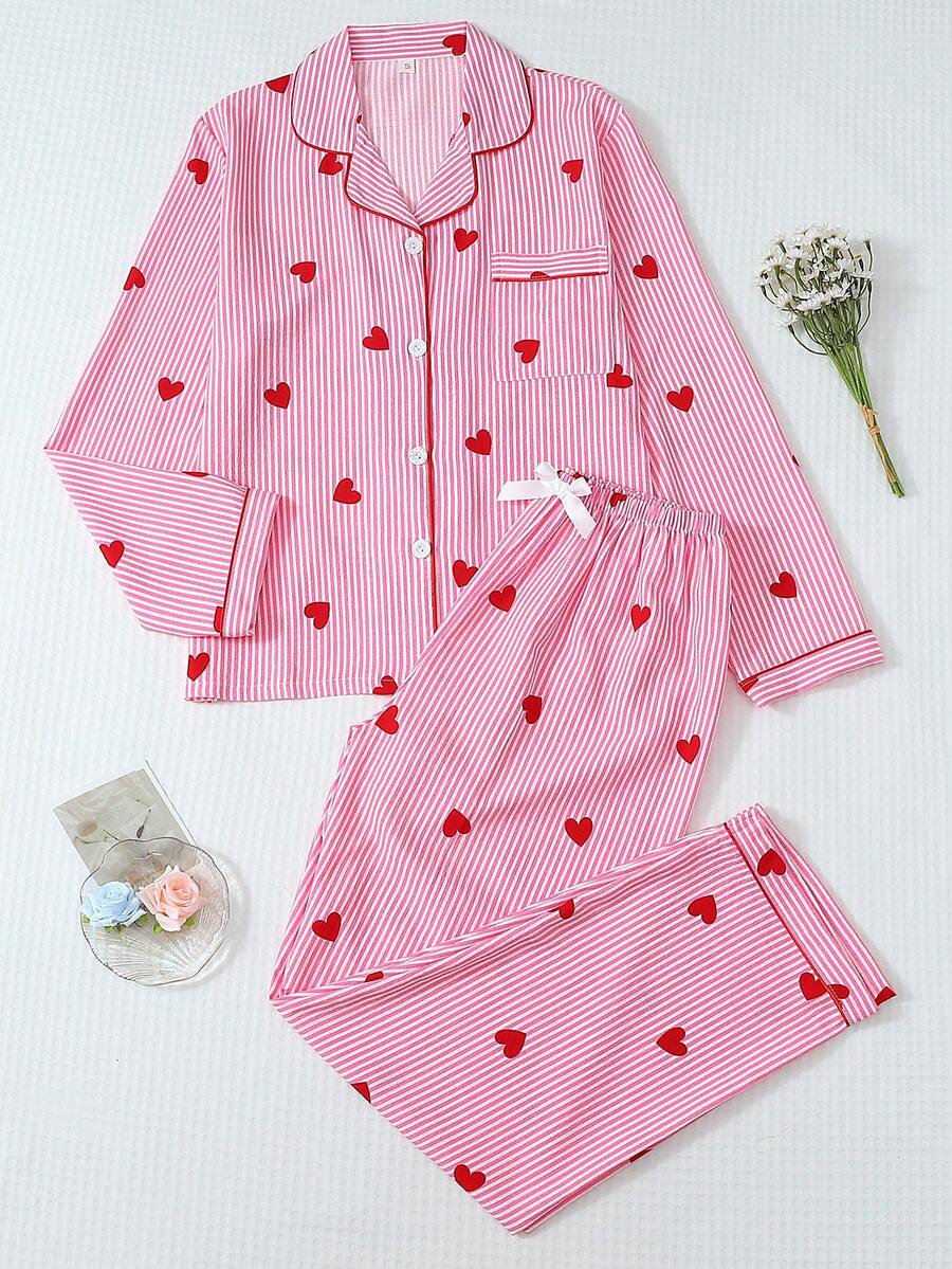 2pcs Women Striped & Heart Print Pajama Set, Long Sleeve Button Collar Top And Pants, Casual Sleepwear Homewear Suit For Autumn/Winter, Fall Clothes - 粉色 - 查看 1