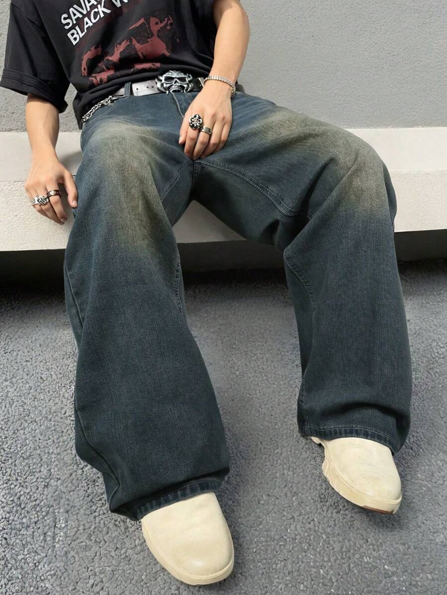 男士大码做旧复古水洗牛仔裤