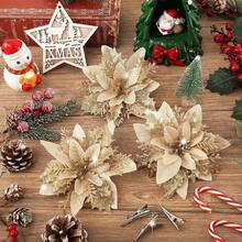 1/10/20/30pcs Glitter Poinsettia Christmas Tree Decorations - Artificial Poinsettia Flowers With Clips, Suitable For Holiday Wreath Decor, Christmas And New Year Holiday Decorations - Champagne - View 7