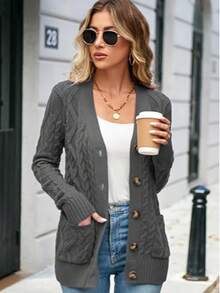 Women's Long Sleeve Loose Knit Cable Open Front Button Down Cardigan Sweater Outerwear Coat With Pockets - 深灰色 - 查看 4