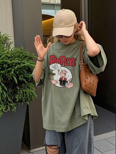 Popeye Damen Sommer Neu Bunter Buchstaben & Popeye Cartoon Charakter Muster Rundhals Kurzarm Lässig T-Shirt, modisch alltagstauglich, Frühling/Sommer