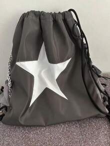 Y2K Cute Girly Star Design Backpack For Female Students, Back To School Drawstring Versatile Durable Bookbag Suitable For College & High School - Grey - View 6