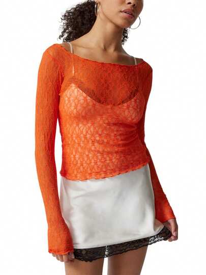 Beauace Women's Summer Sheer Crop Tops Long Sleeve Fitted Short Lace Going Out Tops For Party