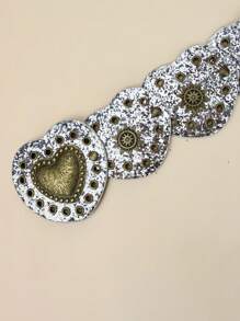 Y2K, BOHO Style Heart Patchwork Rivet Decor Western Retro Waist Belt, Suitable For Skirts, Music Festivals, Parties - Gold Heart With Silver Border - View 3