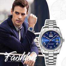 JEWELRYWE Elegant Men's Formal Watch, Analog Quartz Wristwatch, Stainless Steel Strap, Round Case, Calendar, Date, Luminous, Roman Numeral Scale, Suitable For Daily Casual Business Wear, Father's Day Birthday Anniversary Christmas Gift - 金色-白色 - 查看 6
