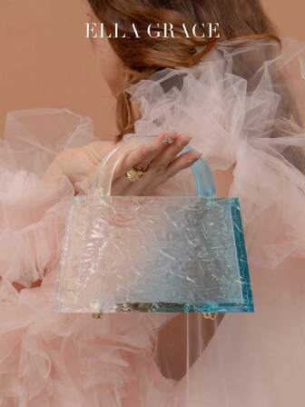 ELLA GRACE-Elegant Women's Transparent Wallet Crystal Acrylic Clutch Fashionable Bag Transparent Gradient Acrylic Tote Bag - Minimalist Square Design With Matching Handle, Chic Fashion Accessory