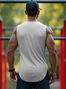 Men's Wide Shoulder Athletic Tank Top With Curved Hem Design Offers Natural Drape And Enhanced Layering, Suitable For Gym Weightlifting And Outdoor Hiking