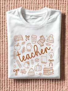 Teacher Coquette Bow T-Shirt, Pumpkin Teacher Shirt, Fall Teacher Gifts Shirts, Gift Shirts For Teacher, Teacher Autumn Short Sleeve. TD1775 - White - View 1