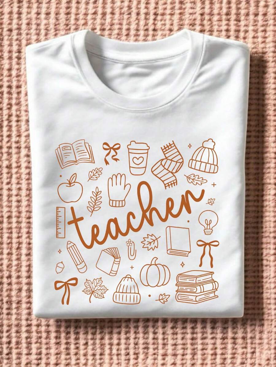 Teacher Coquette Bow T-Shirt, Pumpkin Teacher Shirt, Fall Teacher Gifts Shirts, Gift Shirts For Teacher, Teacher Autumn Short Sleeve. TD1775 - White - View 1