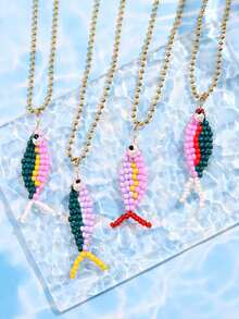 1 件彩色波西米亚风格手工串珠鱼吊坠不锈钢项链，DIY 精致百搭夏季珠宝，Y2K 个性化海洋风格女士珠宝 - 彩色 - 查看 8