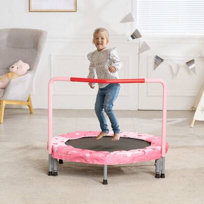 Indoor Or Outdoor Kids Trampoline With Adjustable Handle Or Foldable Frame Or Basketball Hoop 36'' Round Pink Mini Trampoline For Toddlers Or Children Age 3+ With Net Accessories