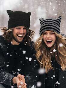 1pc Unisex Hand Knitted Cute Striped Cat Ear Beanie Hat, Autumn Winter Warm Ear Protective Handmade Striped Ski Mask Street Fashion Hip-Hop Couple Headwear - Multicolor - View 4