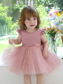 女婴短袖蝴蝶结薄纱派对礼服，优雅公主裙，适合一周岁生日、婚礼、宴会、派对等场合。