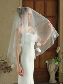 1pc Beaded Flower Single Layer Bridal Veil, Hairstyle Accessory Suitable For Wedding Dress Fall Clothes For Women