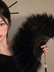 1 件新款中式复古黑色羽毛蕾丝折扇旗袍扇流苏古风最佳礼物生日装饰扇休闲简约风格适合日常使用 - 彩色 - 查看 3