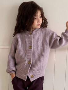 Dazy Kids Young Girl Solid Color Drop Shoulder Long Sleeve Single-Breasted Casual Cardigan, Autumn/Winter - Brown - View 2