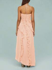 Y2k Ruffle Long Dress For Women Halter Backless Irregular Hem Ruched Boho Maxi Dress - 藕粉色 - 查看 6