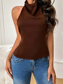 女士夏季露背吊带缎面上衣，棕色，时尚性感，适合情人节、约会、聚会、派对、旅行、度假、海滩等场合。