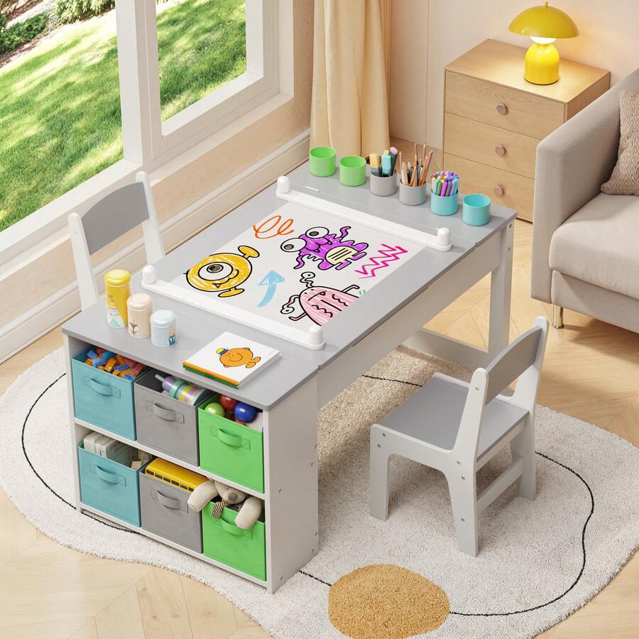 4-In-1 Kids Table And Chair Set With Removable Tabletop Storage And Paper Roll Dispenser, Toddler Craft Table With 6storage Boxes,For Drawing, Child Activity Table, Kids Table Set Painting ,Children's Day Gifts - 灰色 - 查看 1