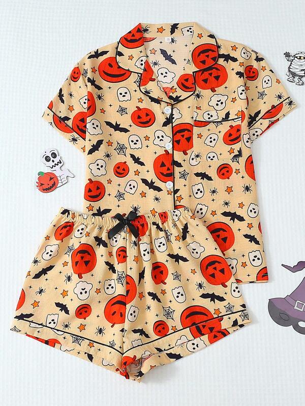 2 pièces Ensemble de pyjama femme motif citrouille d'Halloween, Top à manches courtes avec col et short à nœud, vêtements de détente et de nuit d'été