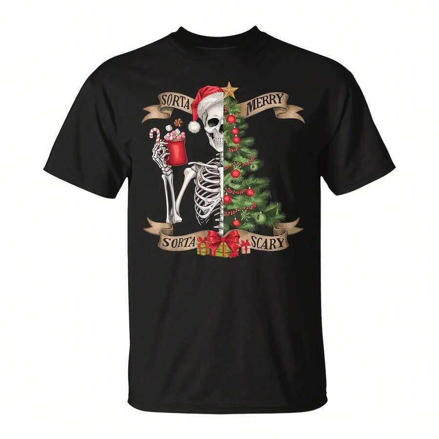 Cistmas Skeleton Rta Merry Rta Sry Tree Xmas T-Shirt220g Sier Grey Pure Cotton T-Shirt, Neutral Color Like Urban Architecture. A Slightly Loose Straight Cut Is Used. The Pattern Is A Minimalistic Head Icon, With Lines Of Und Waves Extending From Both Sides Of The Head, Interspersed With Musil Notes. It Depicts Countless Urbanites On The Way To Work With Music Or Poasts For Their Own To Build A State Of Independent Space, Is"Cial Fear" People In Public Places, "Invisible War". - 黑色9 - 查看 1
