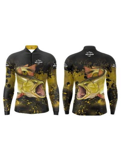 Camisa Camiseta de Pesca Dourado Gola Zíper Proteção Solar UV New Fisher - NF09