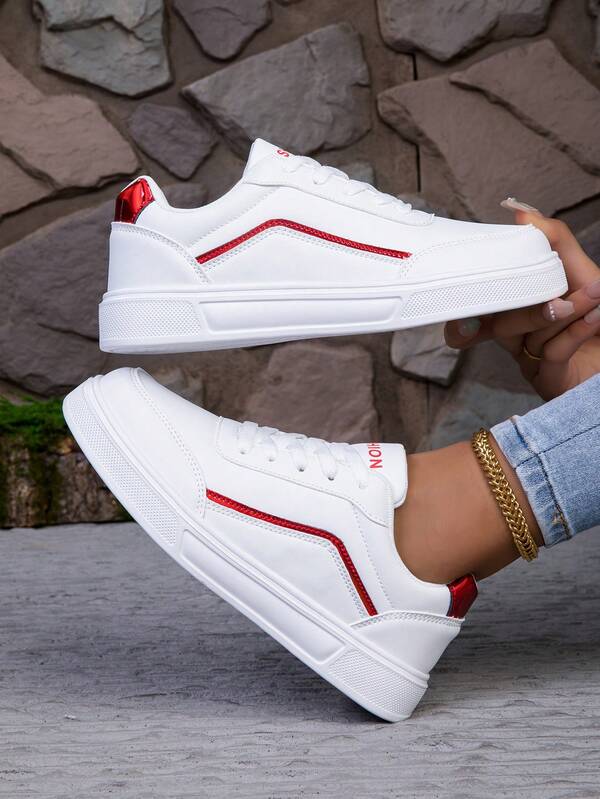 Women's Red Striped Lace-Up Casual Sneakers, Flat Heel, Fashionable, Comfortable, Breathable, Suitable For Students And Campus, New Summer Style