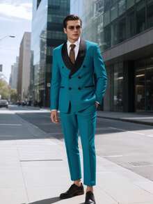 Men's 2-Piece Suit Set, Double-Breasted Fitted Sport Jacket And Trousers, Perlis Pattern Suit - Wedding Tailcoat, Business Suit - 青碧色 - 查看 2