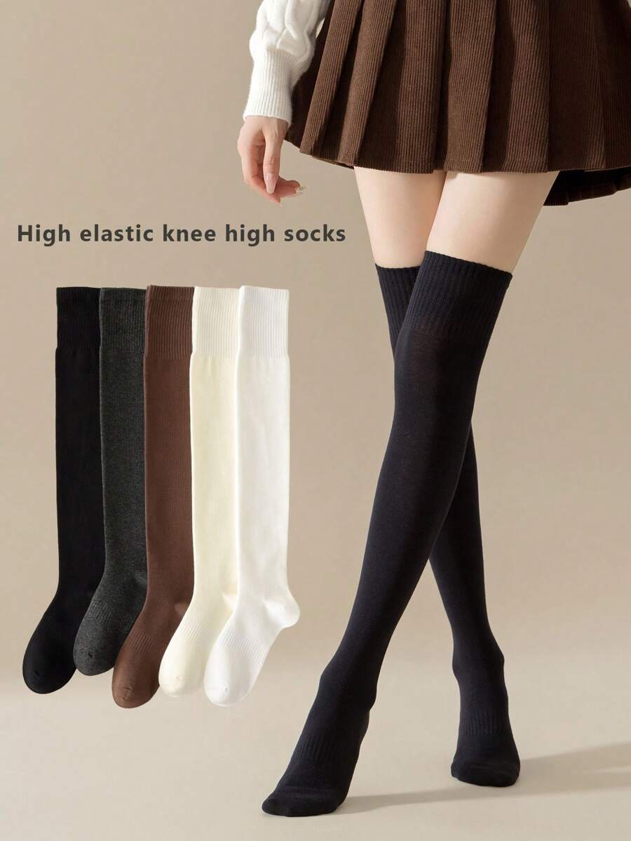 1双女士秋季过膝袜，高筒防滑修身纯色小腿袜，舒适袜子