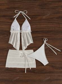 Women's Summer Beach Vacation Spaghetti Strap Backless Sexy Solid Color Special Fabric Side Tie Bikini 3 PiecesSwimsuit Set