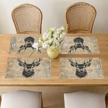 1pc/4pcs/6pcs Deer Head Printed Linen Placemats, Suitable For Dining Table, All Season Decor, Modern Washable Table Mats, Room Decor, Coasters, Kitchen Dining Mats, Indoor Outdoor Party Decoration, Home Decor, Ideal Gift - Multicolor - View 3