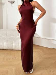 WOWDARK 夏季缎面露背吊带优雅派对连衣裙，酒红色，适合情人节、约会、聚会、派对、旅行、度假、海滩等场合。 - 酒紅色 - 查看 3