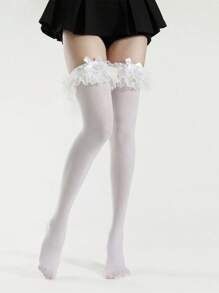 1 双日式蕾丝蝴蝶结多层花卉大腿袜，修身洛丽塔芭蕾过膝袜，Y2k - 彩色 - 查看 5