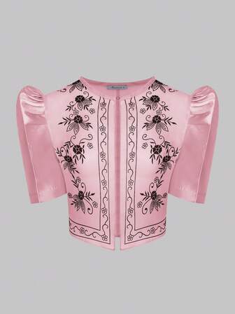 Amyenjoylife Modern Filipiniana Damtopp med enfärgad blommig puffärm, vår/sommar