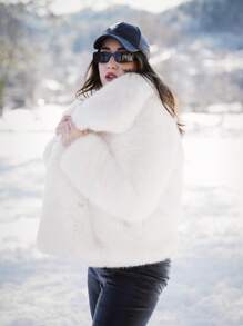 TRAFZA 女士仿皮草优雅外套，休闲奢华纯色大衣，保暖宽松女士时尚街头风长袖外套 - 白色 - 查看 4