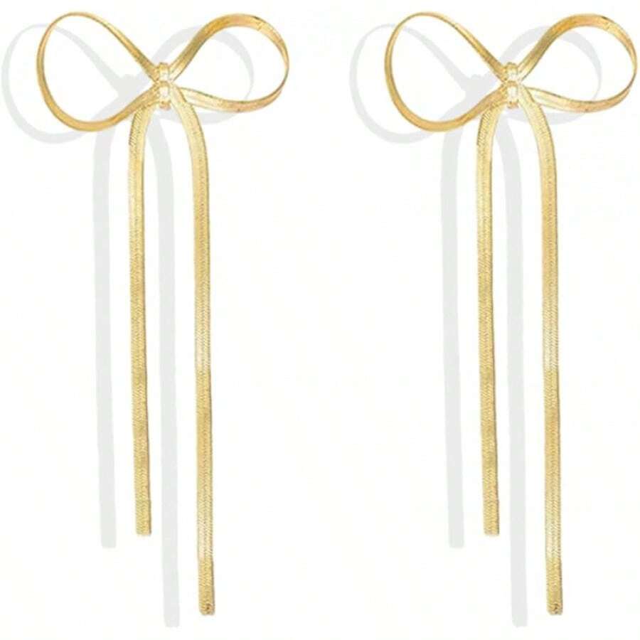 Bow Earrings For Women Sparkly Rhinestone Chain Tassel Earrings Cute Ribbon Stud Earring Daily Party Jewerly Gifts Christmas Stocking Stuffers - D1:gold Bow Tassel Earrings - View 1