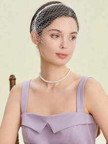 1pc Vintage Headband With Veil, Bridal Tea Party Headpiece, Women Rhinestone & Pearl Hair Hoop, Elegant Decor For Holiday, Halloween Party - Multicolor - View 8
