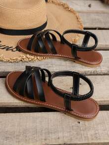 2025 Sandálias Femininas Planas Confortáveis de Cor Sólida com Bico Redondo, Moda Versátil com Tiras Cruzadas, Novos Sandálias Casuais de Verão com Tiras Abertas e Leves