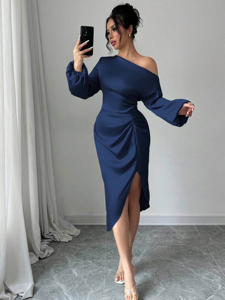 abyoxi Purplish Blue Color Elegant Asymmetrical Neck Long Sleeve Waist Handmade Pleated Sexy Satin Dress,Dating,Party,Simple,Back To School,Fall/Winter Clothes For Women Wedding Spring - Navy Blue - View 6